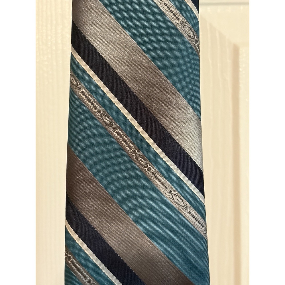 Robert Alan Neck Tie, Turquoise Navy and Gray Stripes, Polyester and Silk Tie